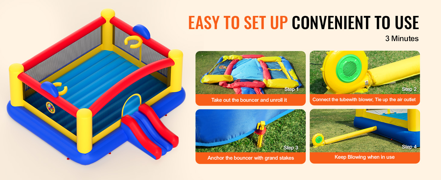 VEVOR bounce house setup steps with blower, anchoring stakes, and inflatable play area. easy and convenient.