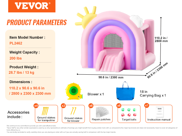 VEVOR bounce house, 2300 mm rozā piepūšamais ar pūtēju, somu, mietiņiem, mērķa bumbām, labošanas plāksteriem.