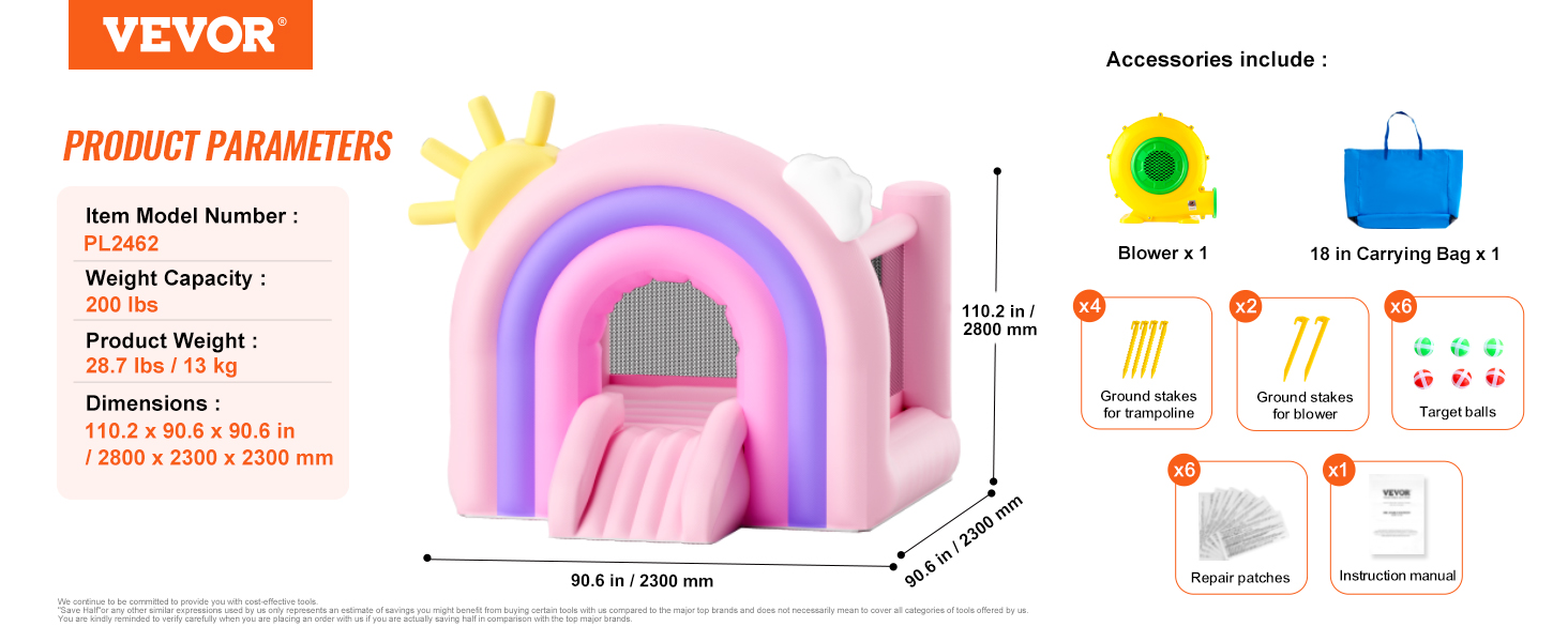 VEVOR bounce house, 2300 mm rozā piepūšamais ar pūtēju, somu, mietiņiem, mērķa bumbām, labošanas plāksteriem.
