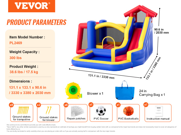 VEVOR bounce house with slide, blower, carrying bag, ground stakes, repair patches, and sports balls.