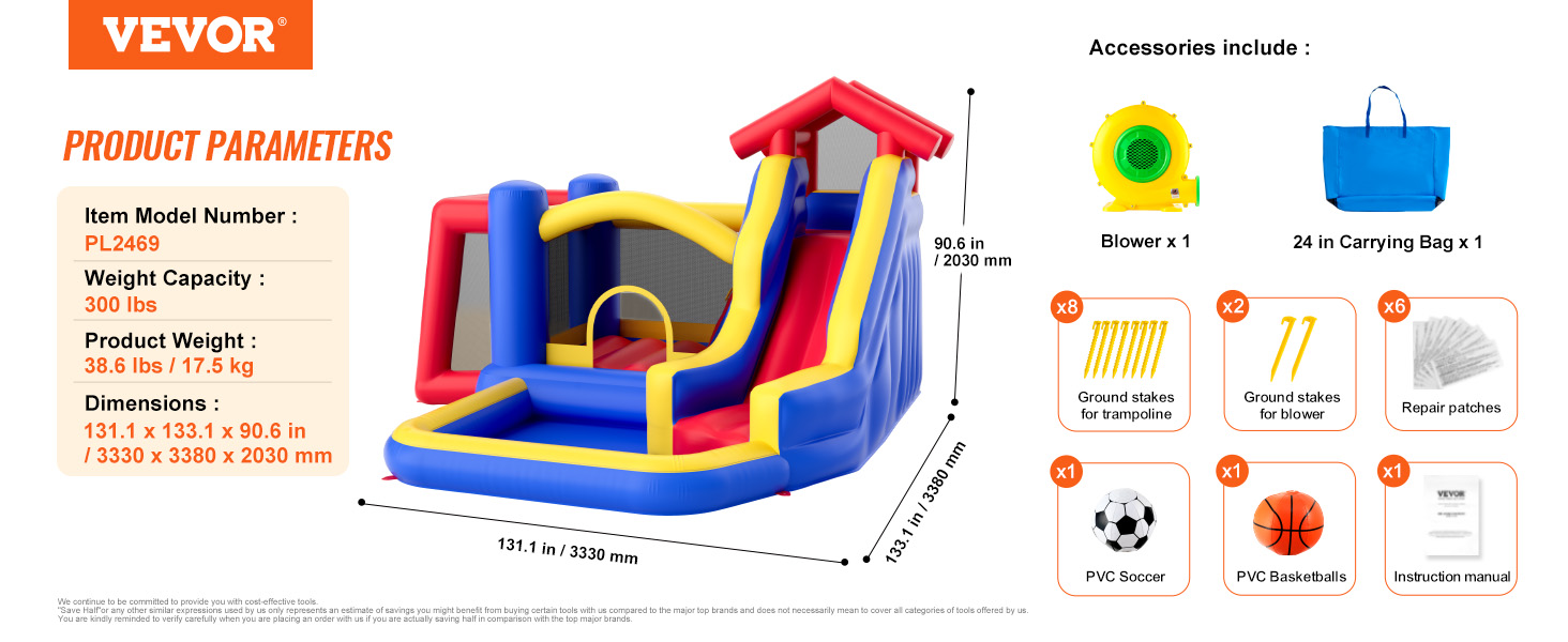 VEVOR bounce house with slide, blower, carrying bag, ground stakes, repair patches, and sports balls.