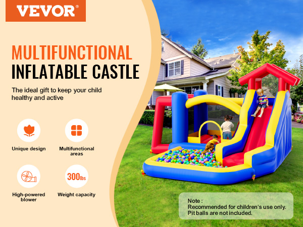 VEVOR bounce house, multifunctional inflatable castle with slide and ball pit in a backyard setting.