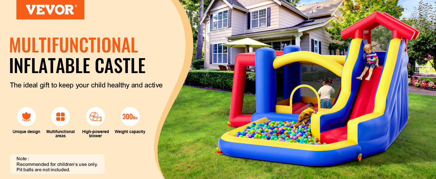 VEVOR bounce house, multifunctional inflatable castle with slide and ball pit in a backyard setting.