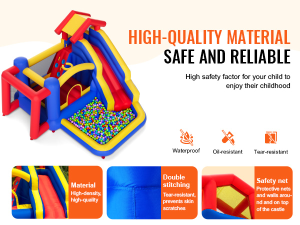 VEVOR bounce house with slide, ball pit, safety net, and high-quality, tear-resistant material.