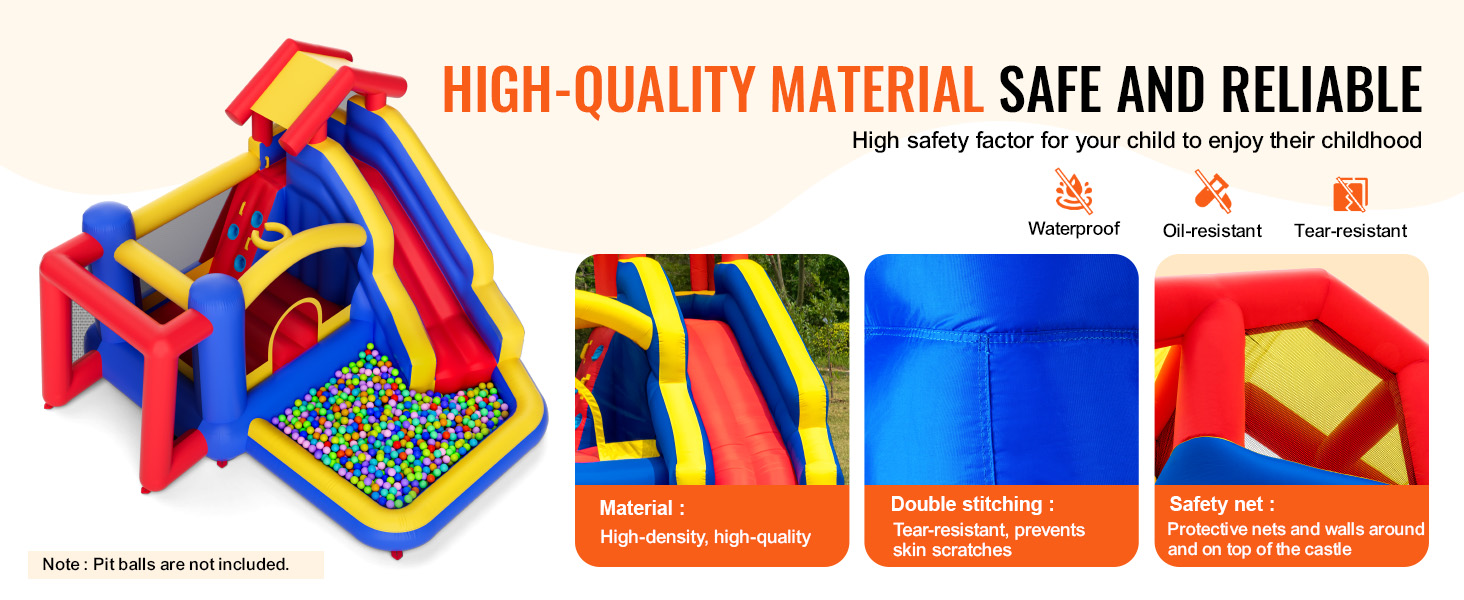 VEVOR bounce house with slide, ball pit, safety net, and high-quality, tear-resistant material.