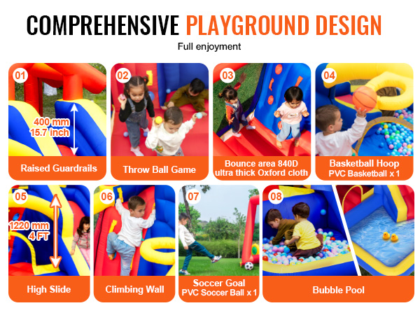 VEVOR bounce house with raised guardrails, throw ball game, high slide, climbing wall, and bubble pool.