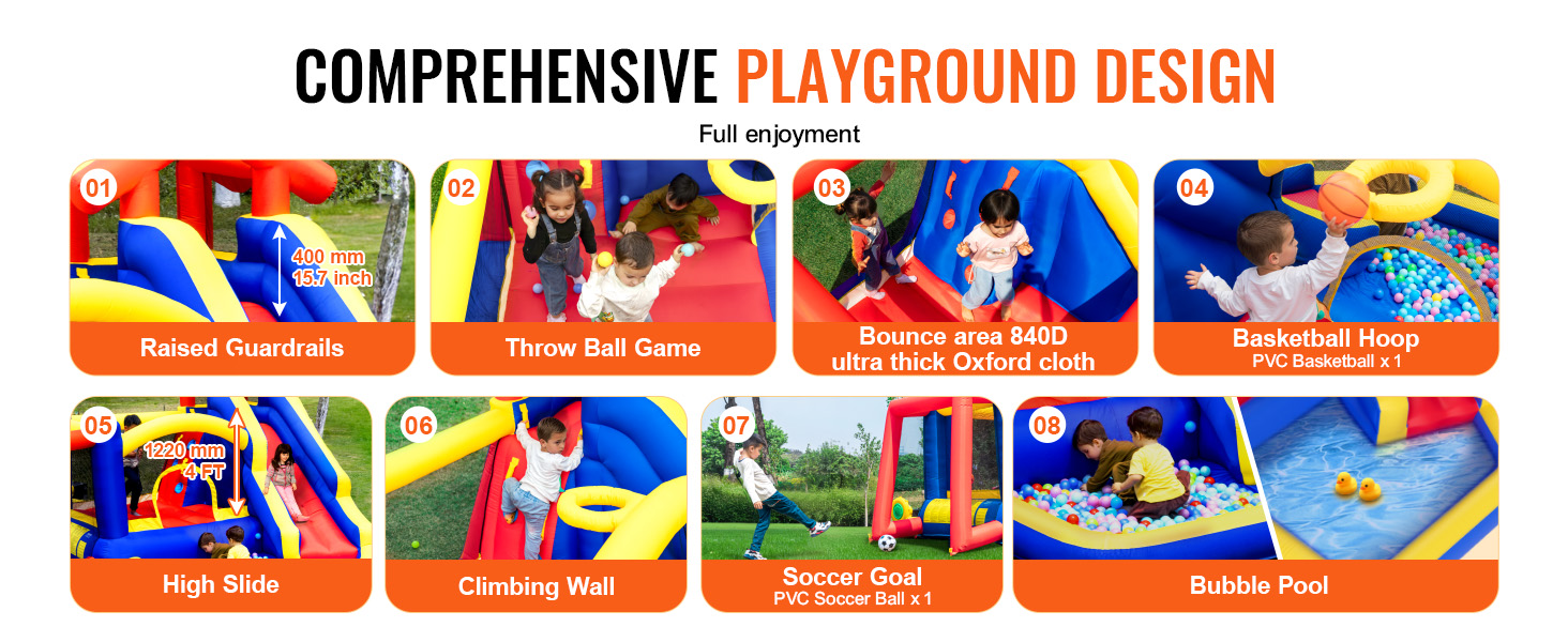 VEVOR bounce house with raised guardrails, throw ball game, high slide, climbing wall, and bubble pool.