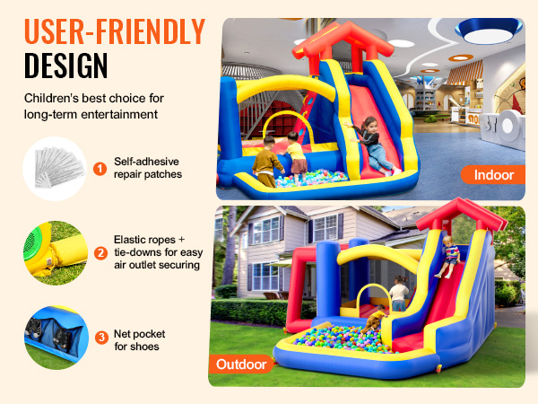 user-friendly VEVOR bounce house with slide and ball pit for indoor and outdoor children's entertainment.
