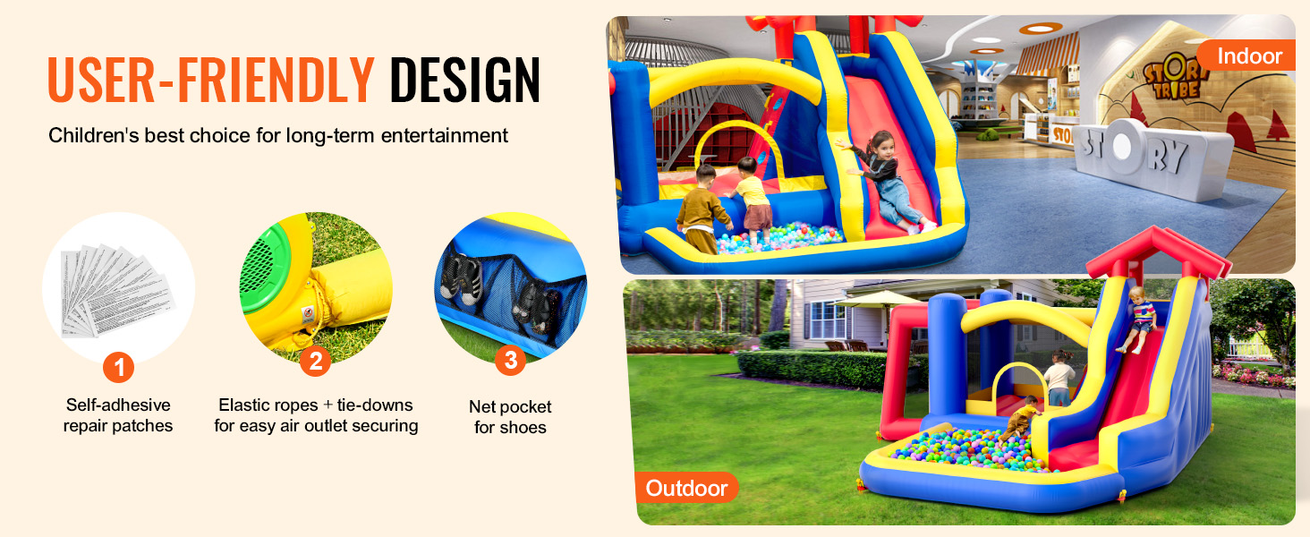 user-friendly VEVOR bounce house with slide and ball pit for indoor and outdoor children's entertainment.