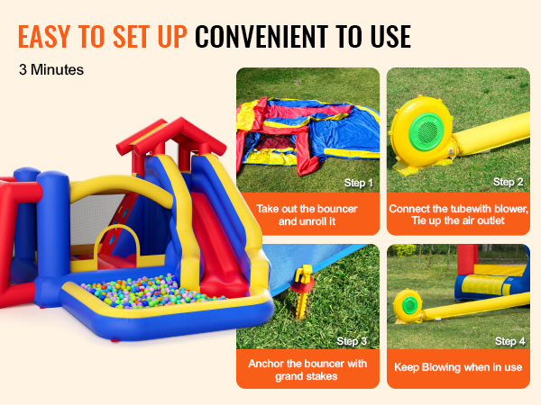 VEVOR bounce house setup guide with four steps for easy and convenient installation in 3 minutes