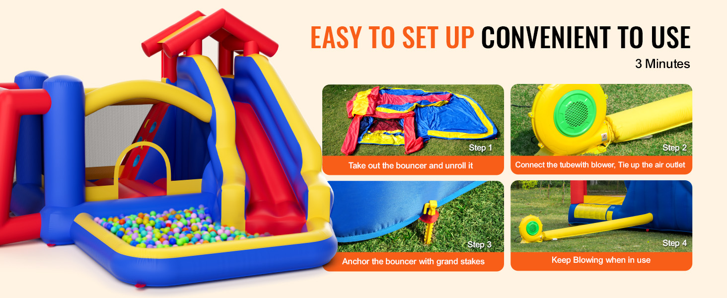VEVOR bounce house setup guide with four steps for easy and convenient installation in 3 minutes