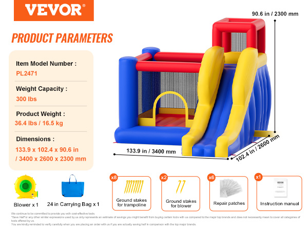 VEVOR inflatable bounce house with slide, 300 lbs capacity, blower, carrying bag, stakes, and patches.