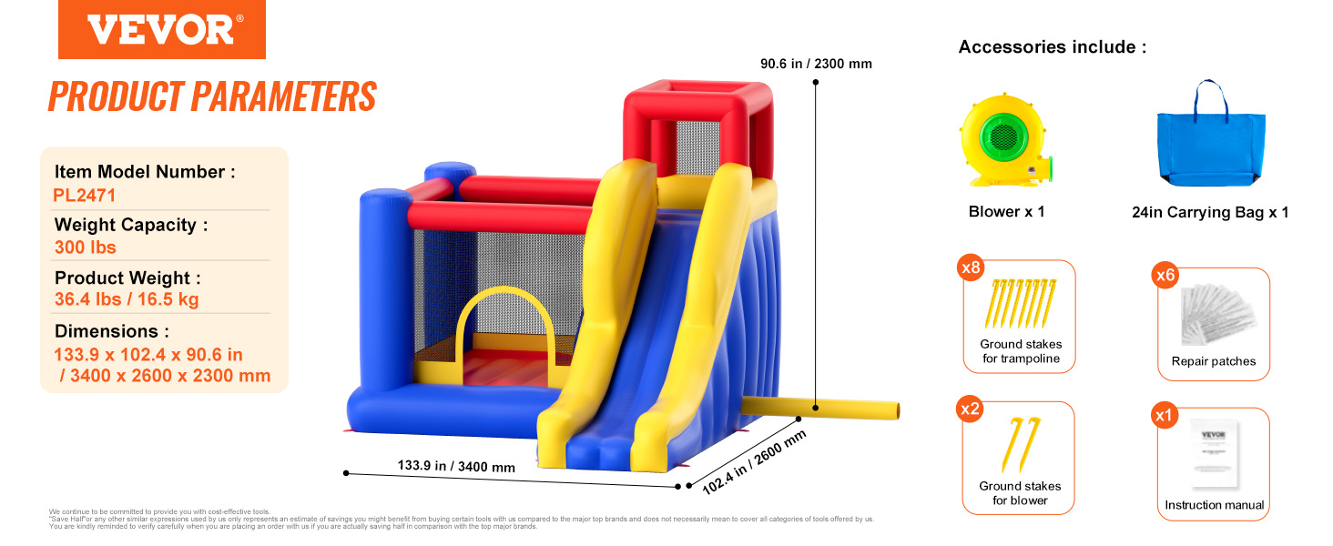 VEVOR inflatable bounce house with slide, 300 lbs capacity, blower, carrying bag, stakes, and patches.