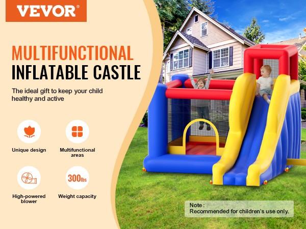 VEVOR inflatable bounce house in garden with slide, mesh safety net, and colorful design.