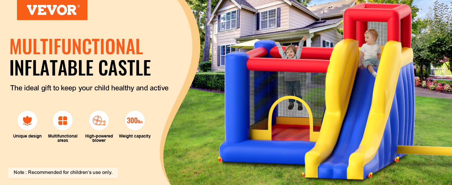 VEVOR inflatable bounce house in garden with slide, mesh safety net, and colorful design.