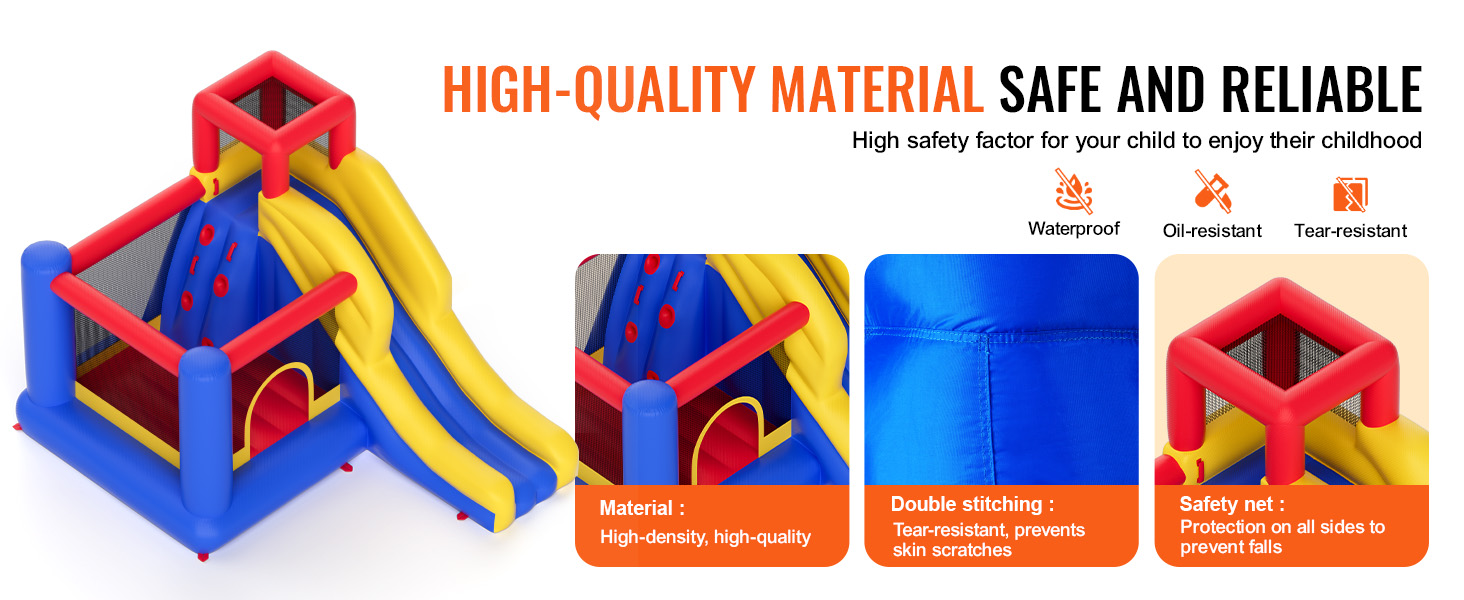 VEVOR inflatable bounce house with slide in yellow, red, and blue, featuring high-density material