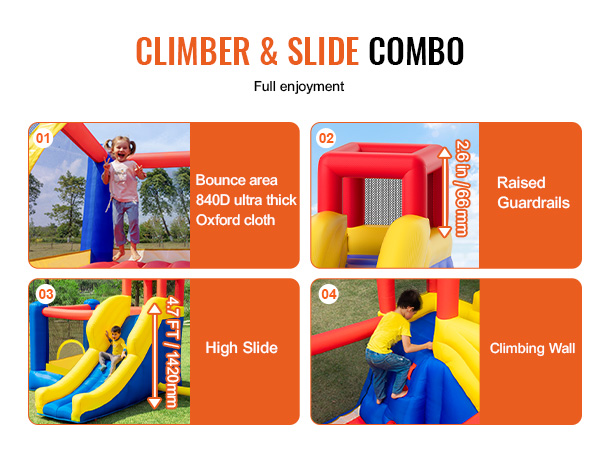 VEVOR inflatable bounce house with climbing wall, high slide, raised guardrails, and durable bounce area.