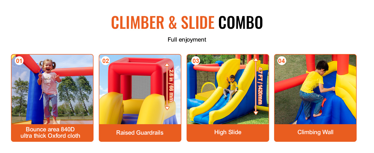 VEVOR inflatable bounce house with climbing wall, high slide, raised guardrails, and durable bounce area.