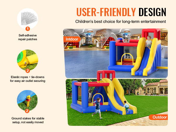 VEVOR inflatable bounce house for indoor and outdoor play, featuring slides and climbing areas.