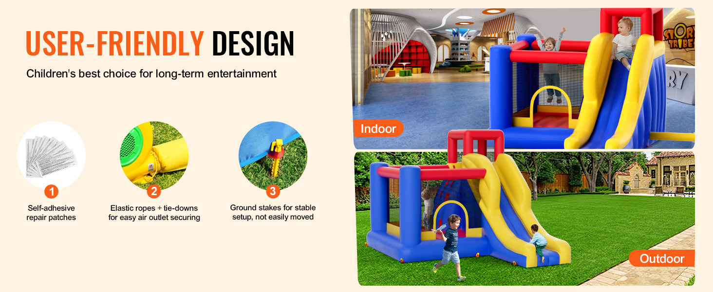 VEVOR inflatable bounce house for indoor and outdoor play, featuring slides and climbing areas.
