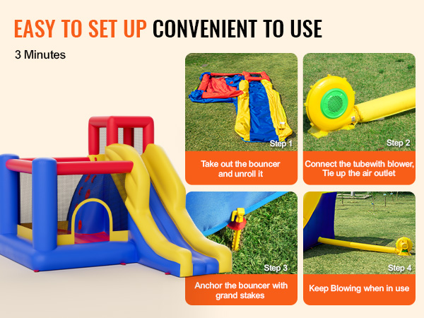 VEVOR inflatable bounce house with slide, easy setup in 3 minutes, includes blower and stakes.