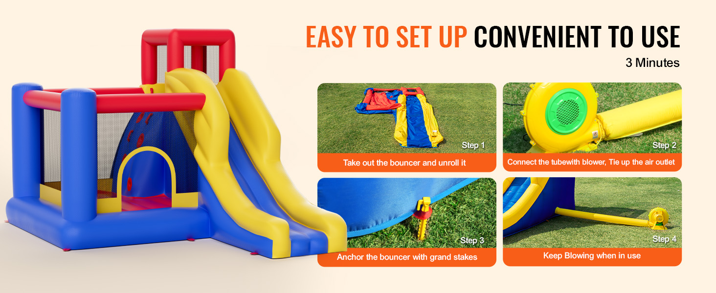 VEVOR inflatable bounce house with slide, easy setup in 3 minutes, includes blower and stakes.