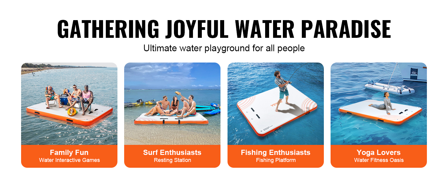 VEVOR inflatable floating dock for family fun, surf enthusiasts, fishing enthusiasts, and yoga lovers.