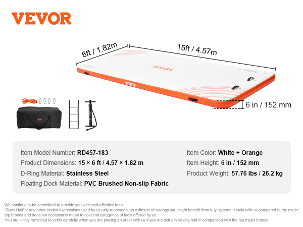 VEVOR inflatable floating dock, white and orange, 15x6 ft, with accessories: carry bag, rope, pump, and ladder.