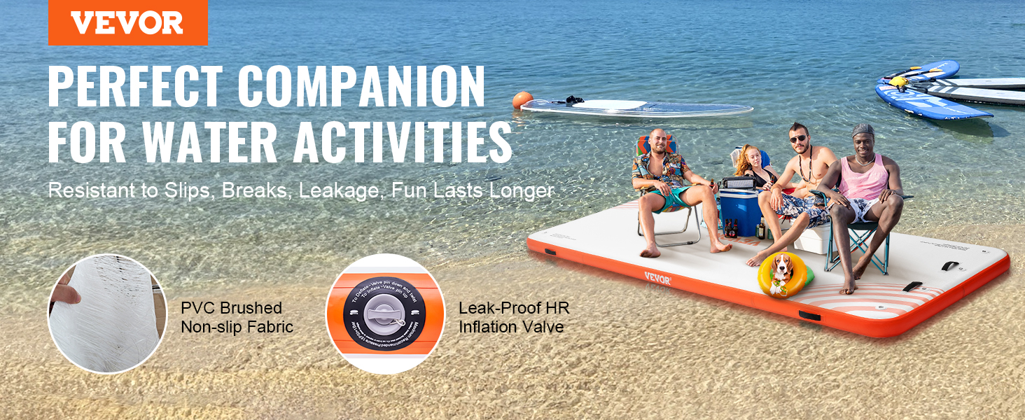 VEVOR inflatable floating dock, perfect for water activities, showing group relaxing with gear and dog.