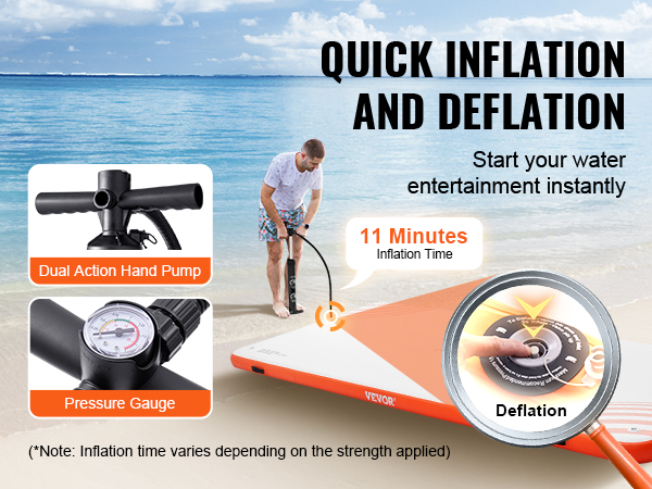 quickly inflate the VEVOR inflatable floating dock in 11 minutes using the dual action hand pump and pressure gauge.