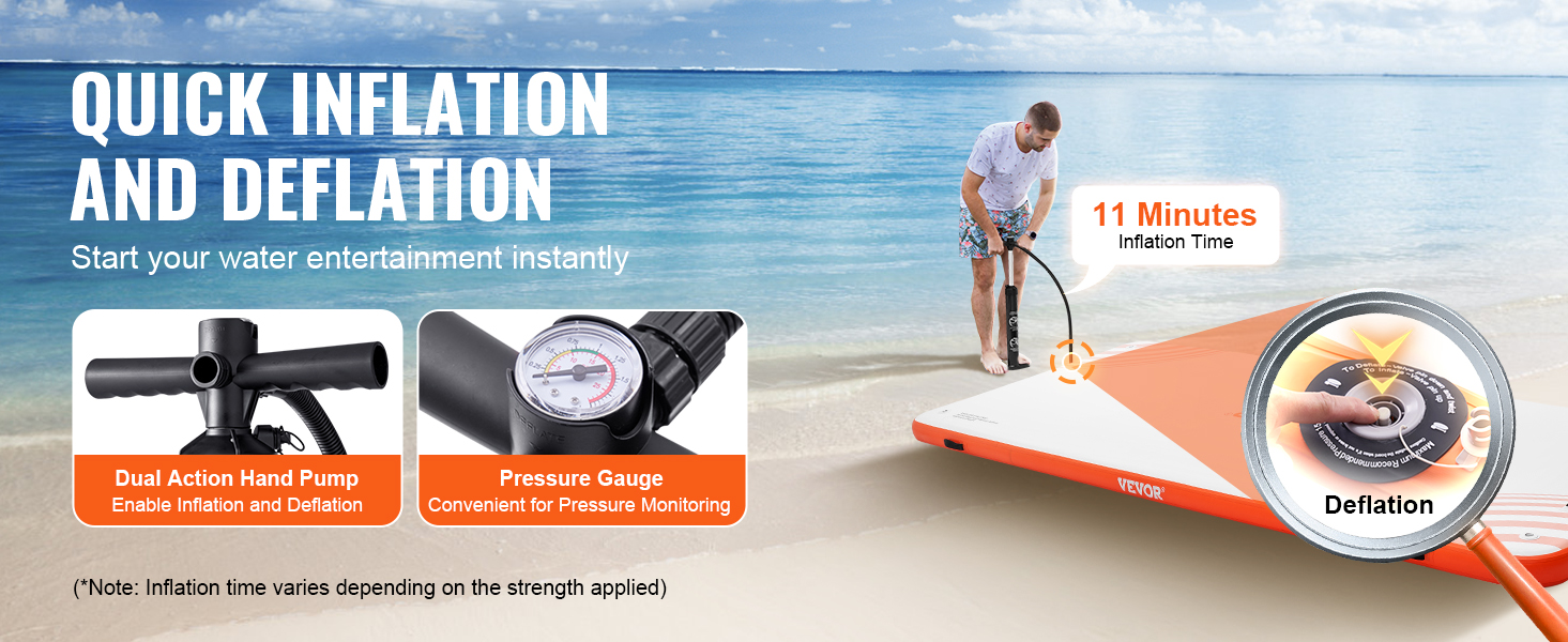 quickly inflate the VEVOR inflatable floating dock in 11 minutes using the dual action hand pump and pressure gauge.