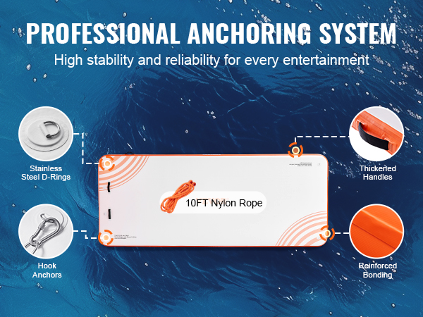 professional anchoring system for VEVOR inflatable floating dock with stainless steel d-rings and thickened handles.