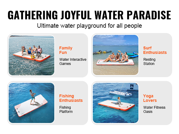 VEVOR inflatable floating dock for family fun, surf resting, fishing, and yoga on water.