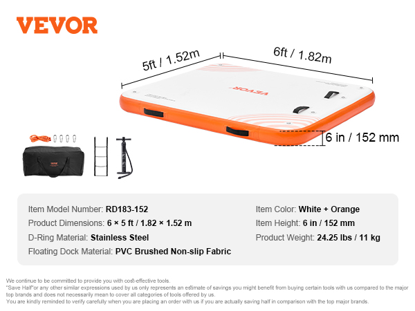 VEVOR inflatable floating dock, white and orange, dimensions 6x5 ft, 24.25 lbs, pvc fabric, stainless steel d-ring.