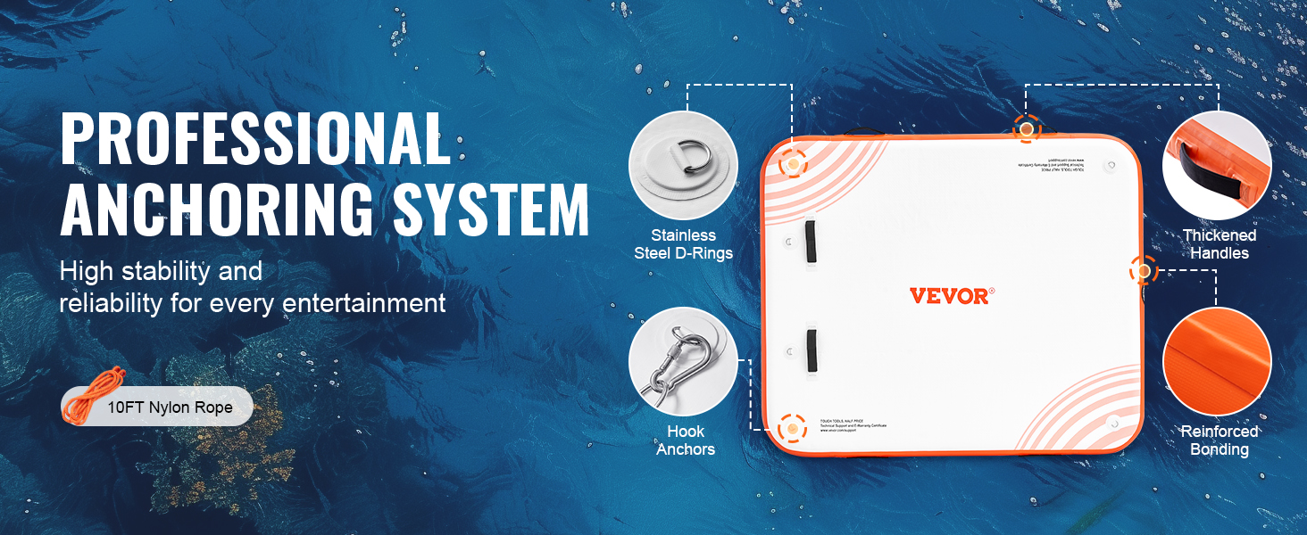 VEVOR inflatable floating dock with stainless steel d-rings, hook anchors, thickened handles, and reinforced bonding.