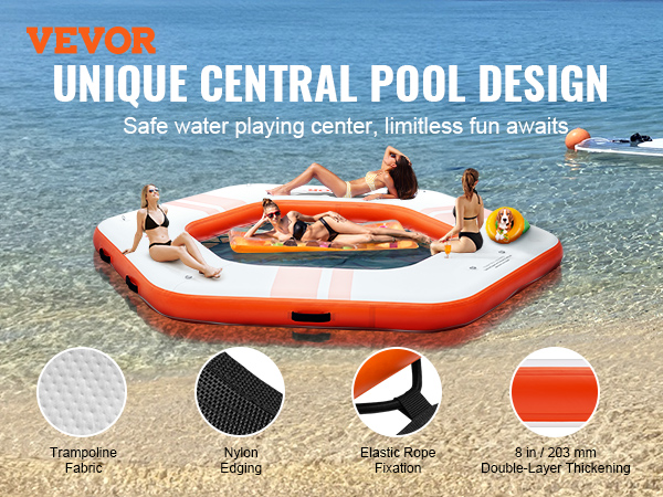 VEVOR inflatable floating dock with unique central pool design, nylon edging, and elastic rope fixation.