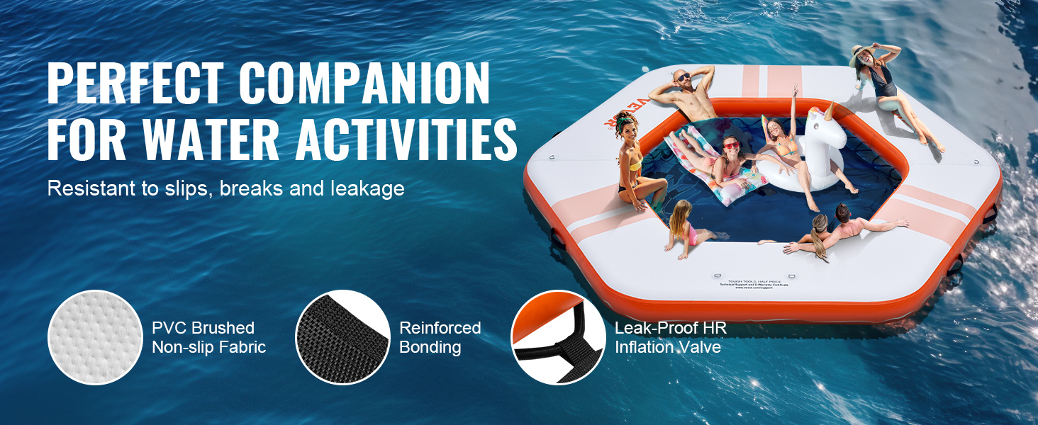 VEVOR inflatable floating dock for water activities, featuring pvc non-slip fabric, reinforced bonding, and leak-proof valve.