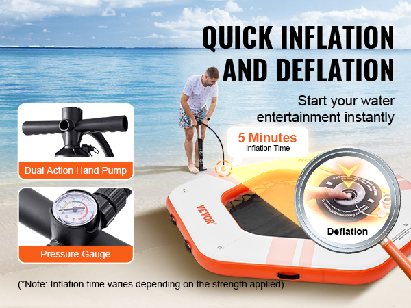 VEVOR inflatable floating dock with dual action hand pump and pressure gauge for quick inflation.