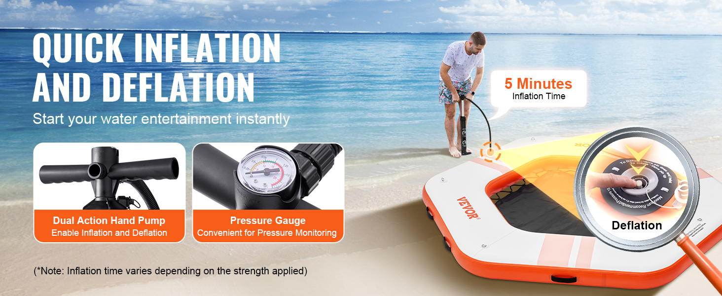 VEVOR inflatable floating dock with dual action hand pump and pressure gauge for quick inflation.