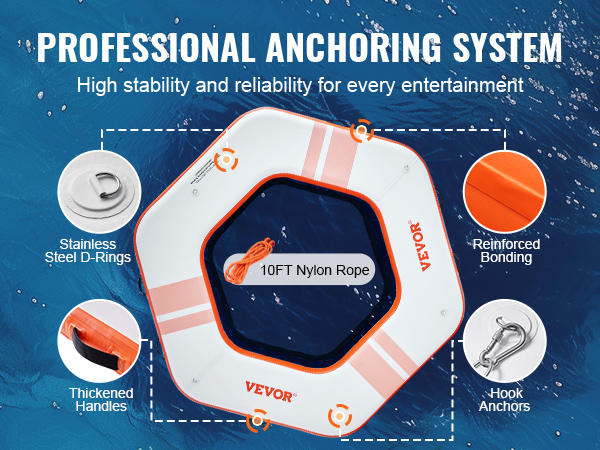 VEVOR inflatable floating dock with professional anchoring system, nylon rope, and reinforced bonding.