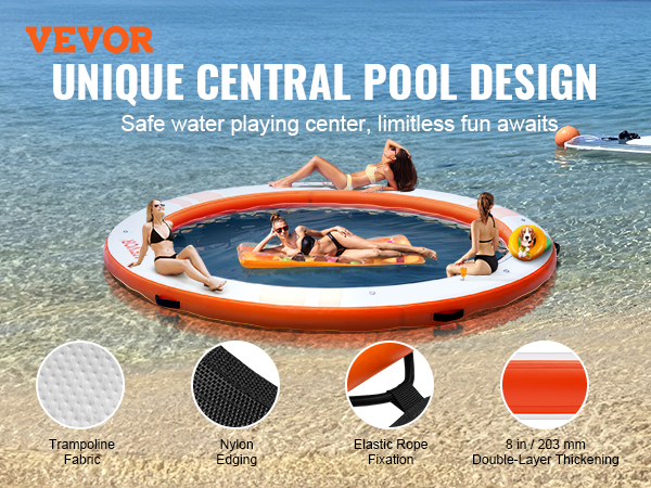 VEVOR inflatable floating dock with central pool design on clear water with paddleboards and lounging people.