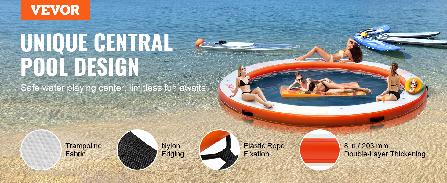 VEVOR inflatable floating dock with central pool design on clear water with paddleboards and lounging people.
