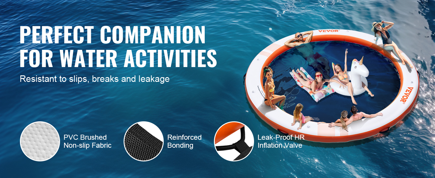 VEVOR inflatable floating dock with non-slip pvc fabric, reinforced bonding, and leak-proof hr valve.