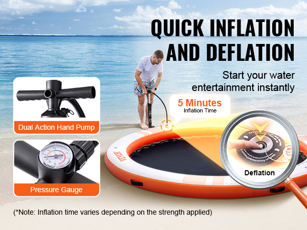 VEVOR inflatable floating dock with quick 5-minute inflation, dual action hand pump, and pressure gauge.