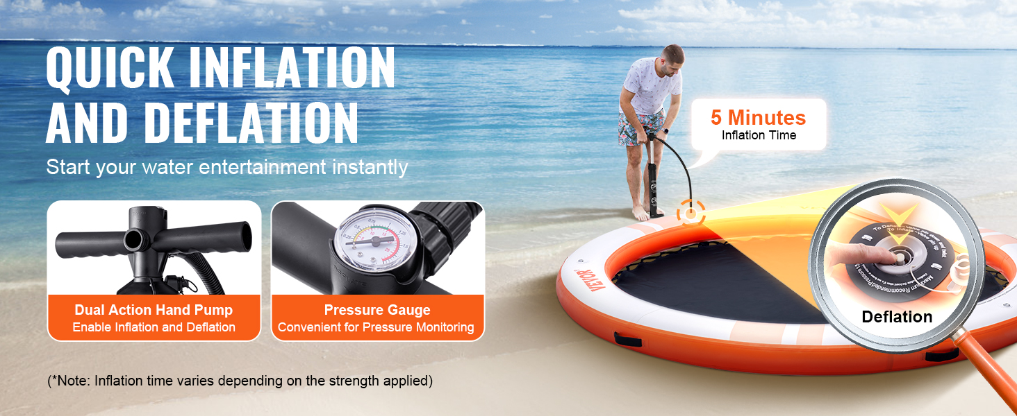 VEVOR inflatable floating dock with quick 5-minute inflation, dual action hand pump, and pressure gauge.