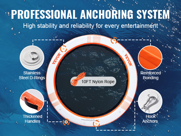 VEVOR inflatable floating dock with stainless steel d-rings, hook anchors, reinforced bonding, and thickened handles.
