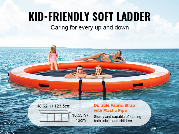 VEVOR inflatable floating dock with kid-friendly soft ladder for safe access, shown with children and adult relaxing.