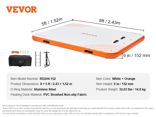 VEVOR inflatable floating dock in white and orange with accessories, features dimensions and specs.