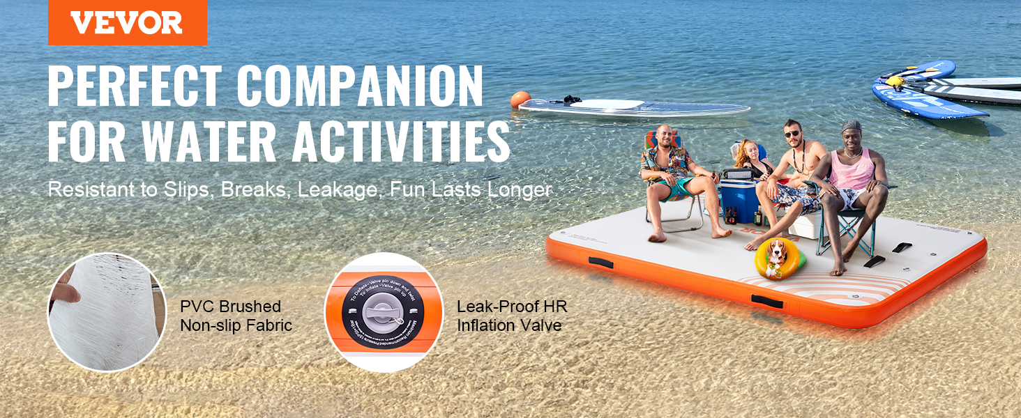 VEVOR inflatable floating dock with people relaxing on it and paddleboards on the water nearby.