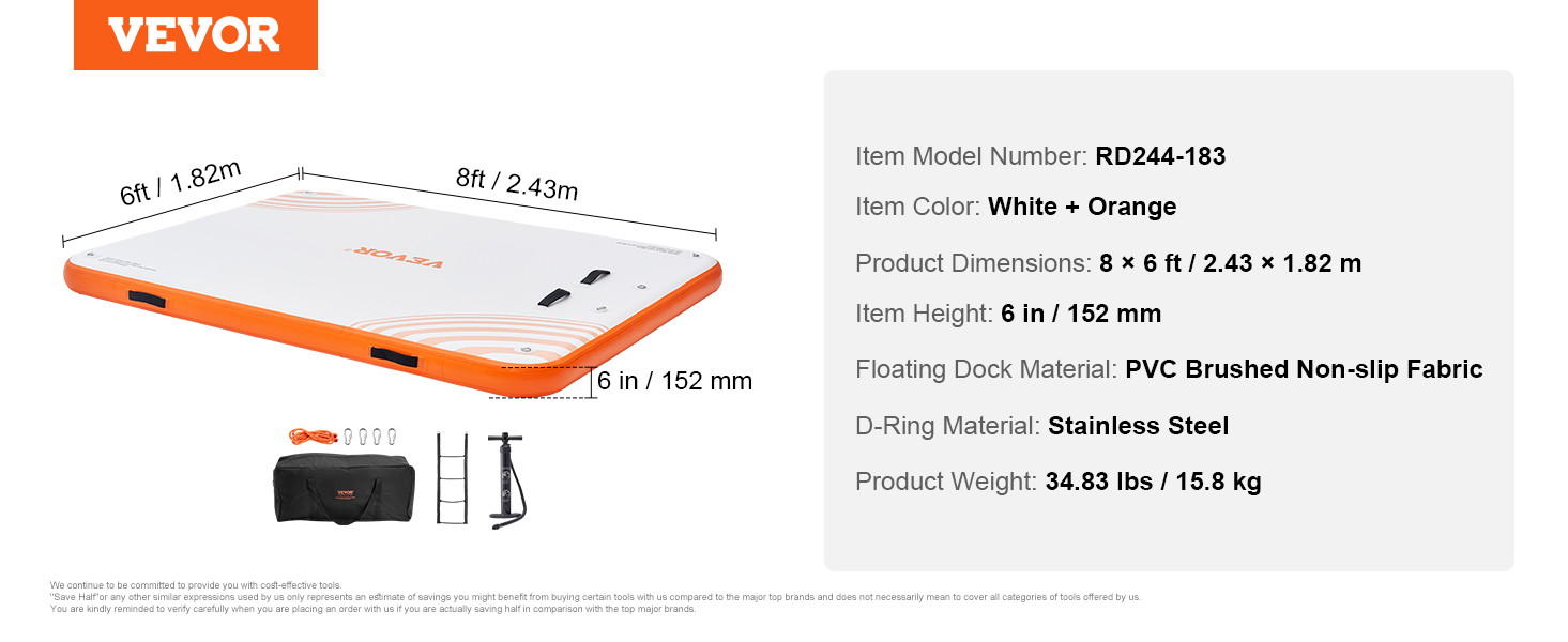 VEVOR inflatable floating dock, 8ft x 6ft, white and orange, pvc non-slip fabric, stainless steel d-ring.